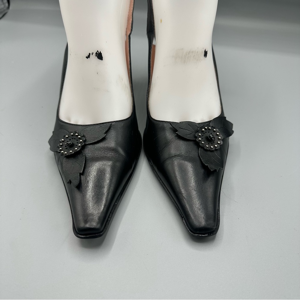 Black Slingback Leather Heels with Floral Accents, Pointed Toe by Two Lips - 8